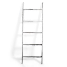 Farmhouse 4.5 Ft Wall Leaning Wood Blanket Quilt Storage Ladder Towel Rack, Bathroom Bedroom Decorative Shelf - Vintage White