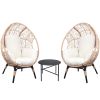 3 Pieces Patio Egg Chairs (Model 3) with Side Table Set,Natural Color PE Rattan and Beige Cushion