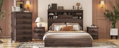 4-Pieces Bedroom Sets Queen Size Vintage Wooden Bed Frame with 2 Nightstands and 1 Dresser,Dark Walnut