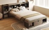 Queen Size Wood Platform Bed with Muti-storage Headboard and a Drawer, Gray