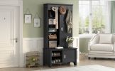 ON-TREND Multifunctional Hall Tree with Sliding Doors, Wooden Hallway Shoe Cabinet with Storage Bench and Shelves, Mudroom Coat Storage with Hanging H