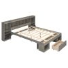 Queen Size Wood Platform Bed with Muti-storage Headboard and a Drawer, Gray