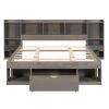 Queen Size Wood Platform Bed with Muti-storage Headboard and a Drawer, Gray