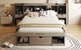 Queen Size Wood Platform Bed with Muti-storage Headboard and a Drawer, Gray
