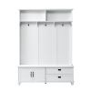 [VIDEO provided] ON-TREND Modern Style Hall Tree with Storage Cabinet and 2 Large Drawers, Widen Mudroom Bench with 5 Coat Hooks, White