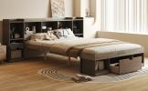Queen Size Wood Platform Bed with Muti-storage Headboard and a Drawer, Gray