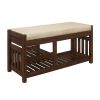 Transitional 1pc Storage Bench with 2 Open Shelves Hidden Drawer Upholstered Cushioned Seat Multifunctional Wooden Furniture