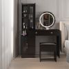 Makeup Vanity Table and Slim Armoire Wardrobe Set, Dressing Table with LED Mirror and Power Outlets and 2 Drawers, Tall Bedroom Closet with Hanging Ro