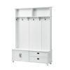 [VIDEO provided] ON-TREND Modern Style Hall Tree with Storage Cabinet and 2 Large Drawers, Widen Mudroom Bench with 5 Coat Hooks, White