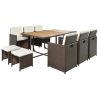 11-Piece Patio All-Weather PE Wicker Dining Table Set with Wood Tabletop for 10, Brown Rattan+Beige Cushion