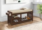 Transitional 1pc Storage Bench with 2 Open Shelves Hidden Drawer Upholstered Cushioned Seat Multifunctional Wooden Furniture