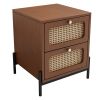 3 Pieces Modern Cannage Rattan Platform Queen Bed + Nightstand*2, Walnut