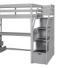 Twin Size Loft Bed with Desk and Shelves, Two Built-in Drawers, Storage Staircase, Gray