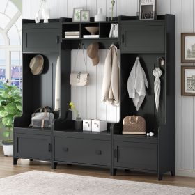 ON-TREND Modern Style 4-in-1 Multiple Functions Hallway Coat Rack with Seven Metal Black Hooks, Entryway Bench Hall Tree with Ample Storage Drawer, Bl (Color: as Pic)